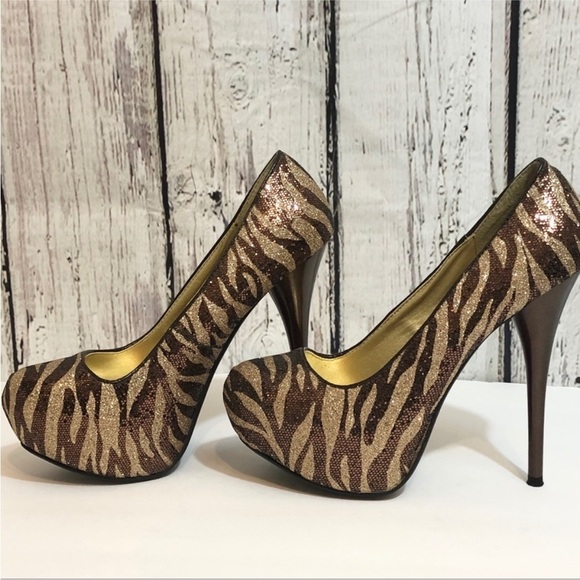 QUPID Brown/ Gold Zebra Print Rhinestone Platform Stiletto Heels Size 8 - Picture 2 of 14